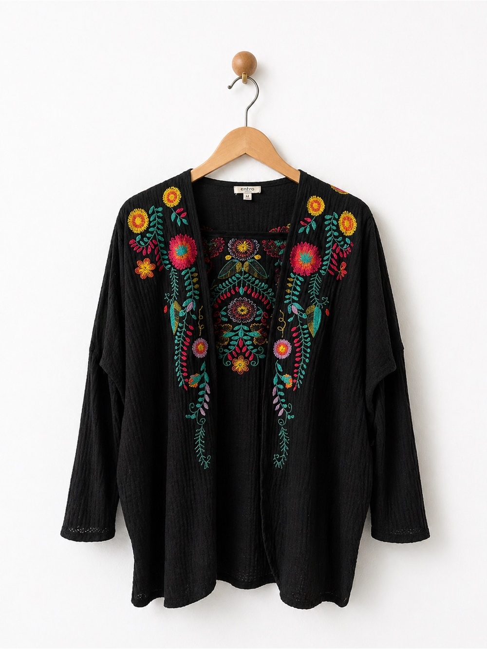 Umgee Black Open-Front Cardigan with Multicolor Floral Embroidery